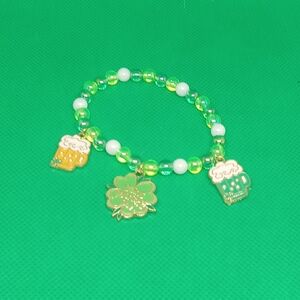 Green and White Beaded Charm Bracelet